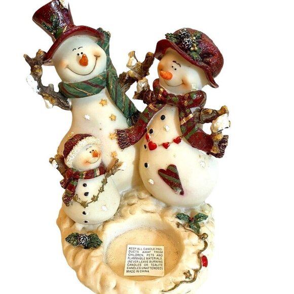 Christmas Three‎ Snowman Family Candle Holder 6” Tall Holidays Decor Resin - Picture 1 of 6
